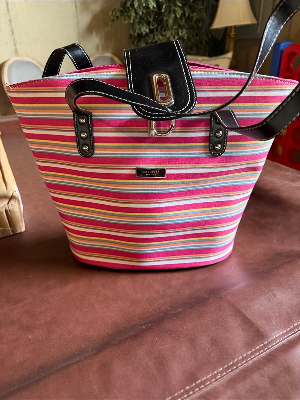 kate spade Pink Multicolor Striped Tote with Black Trim